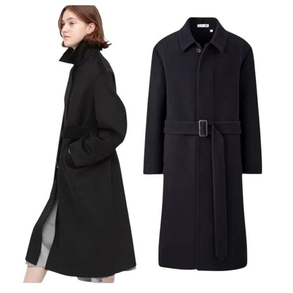 W ANDERSON X UNIQLO Wool Trench Double Face Belted Coat Black EUC Size XL - Picture 1 of 8
